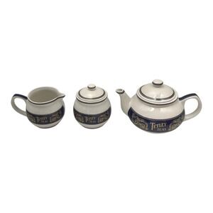 Tetley Collectibles Lot 3 Teapot‎ Sugar and Cream Navy Gold White Ceramic Canada